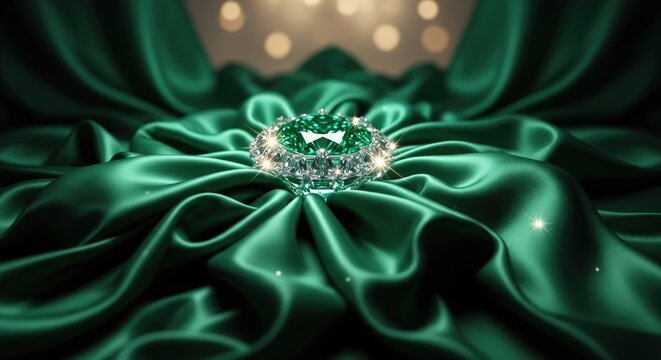 Emerald green satin draped elegantly with sparkling diamond jewel centerpiece for sophisticated luxury product display and elegant jewelry presentation in vivid tone