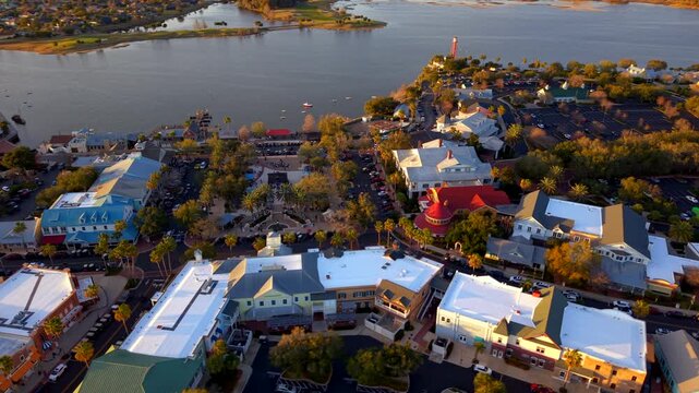 Sunset in The Villages Florida. Aerial stock video Lake Sumter Landing