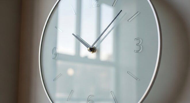 A close-up shot of a clock on a wall with a window in the background showing daytime.