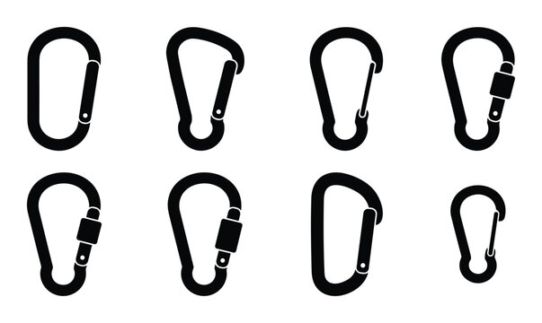 Collection of carabiners for climbing and mountaineering equipment, black color