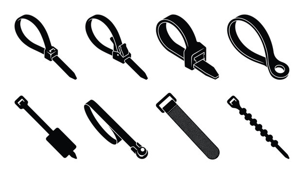Collection of cable ties or zip ties of various types and designs in vector format
