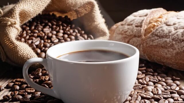 Steaming coffee mug with roasted beans, burlap sack and fresh bread