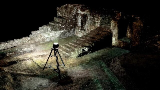 Medium shot of LiDAR system surveying ancient archaeological site revealing hidden ruins and terrain features with highresolution light detection techniques.