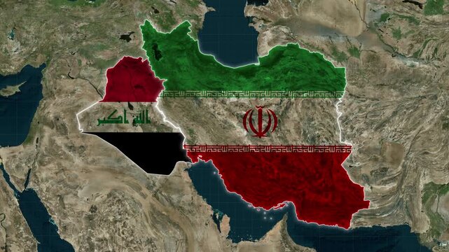 Iran And Iraq Map With Flag Colors Overlay Animation