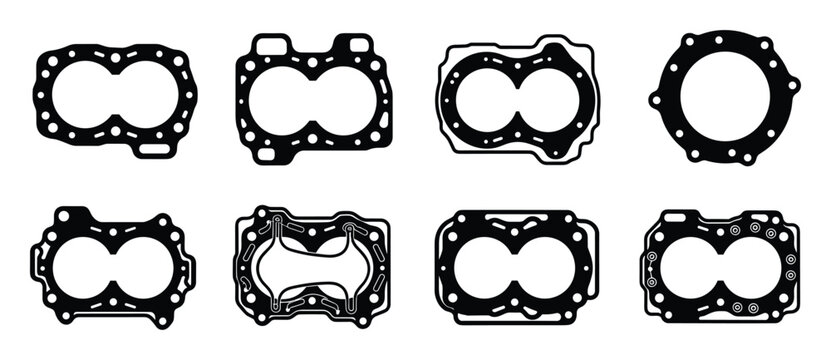 Engine cylinder head gaskets black and white vector set, Various shapes and sizes, Automotive engine repair components.