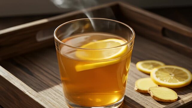 Steaming glass of golden tea with lemon on a wooden tray with ginger slices