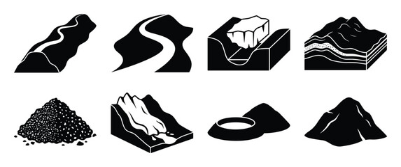 Fototapeta premium Geological formations vector illustration: River, glacier, layers, pile, stream, dune and mountain