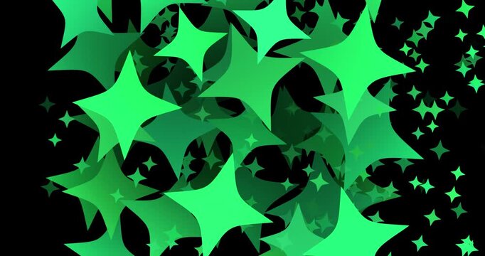 Green Shimmering Star Shapes Transition Animation. Stars Graphics Motion Effect 4K Video On Black Background.