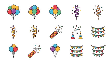 Birthday Party Icon Sheet, Set of 20 Line Art Elements, Black and White Vector Symbols, Minimalist Celebration Icons for Greeting Cards and Design