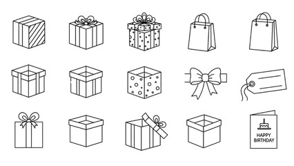 Gift Giving Icon Sheet, Minimalist Line Art Vector Set with Gift Boxes, Shopping Bag, Bow, Price Tag and Birthday Card, Black and White Party Icons.