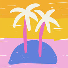 Flat vector illustration of stylized palm trees on small island with yellow sunset sky and pink foreground in playful tropical style.