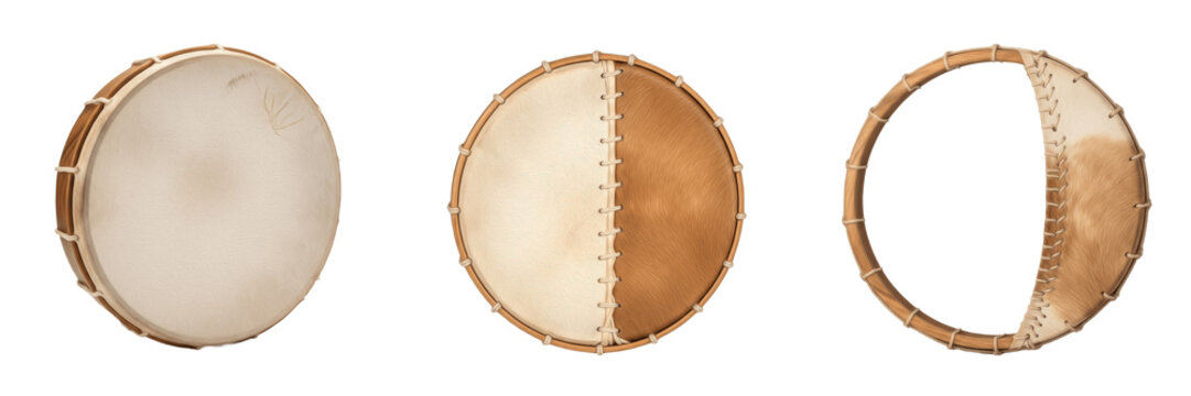Parai isolated on white background, Tamil frame drum, परई, traditional folk percussion instrument Tamil Nadu, festival and ritual Bharatiya lok sangeet studio cutout high resolution image
