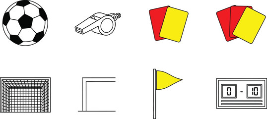 Collection of soccer game icons including ball whistle cards goal and scoreboard for sports design and infographics © Muhammad