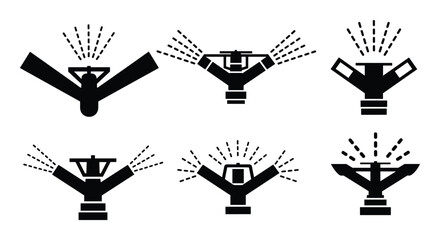 Fototapeta premium Irrigation Sprinkler System Black Silhouette Icons for Agricultural Watering and Landscaping