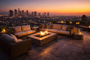 Naklejka premium Luxury rooftop terrace with fire pit and Los Angeles skyline view