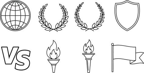 Set of outline award and competition icons including globe laurel wreaths shield VS torches and flag for sports or achievement concepts isolated on white © Muhammad