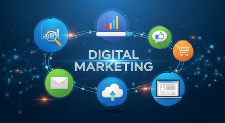 Naklejka premium A vibrant digital marketing concept displays key icons orbiting central text on a blue background.