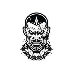 Obraz premium Aggressive Spiked Chain Warrior Head: Intense Black and White Vector Illustration for Logos, T-shirts, and Gaming