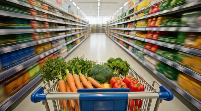 POV first-person view of shopping cart full of fresh vegetables moving down supermarket aisle, concept for grocery retail strategy, healthy eating promotion and consumer purchasing habits