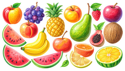 Colorful assortment of fresh tropical and citrus fruits in vibrant display isolated on transparent background