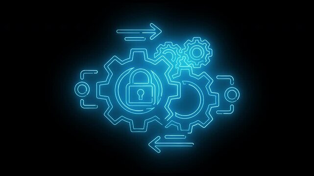 Neon blue glowing padlock icon surrounded by interlocking gears and arrows on a black background with a futuristic and technological mood.