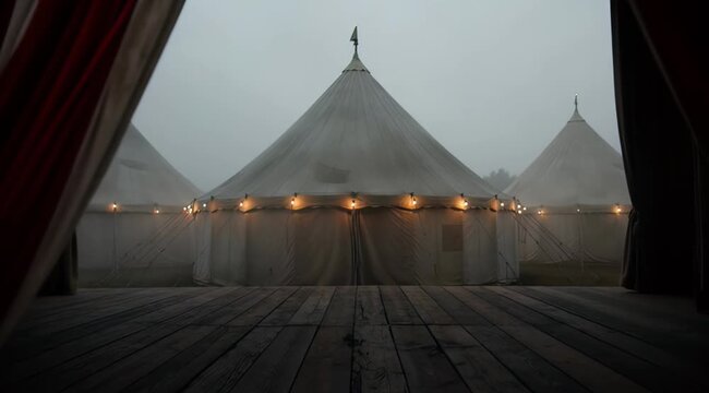 View from dark wooden stage towards large illuminated white circus tents in misty weather, concept for event staging, festival atmosphere and nighttime performance venue