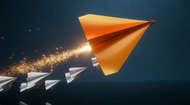 Orange paper airplane with rocket propulsion leads a squadron of white paper planes in dark blue space, concept for startup launch strategy, corporate vision planning and success achievement