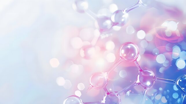 Futuristic molecular structure on soft blue pink gradient. Clean science and biotechnology background ideal for medical research, pharma innovation and tech branding.