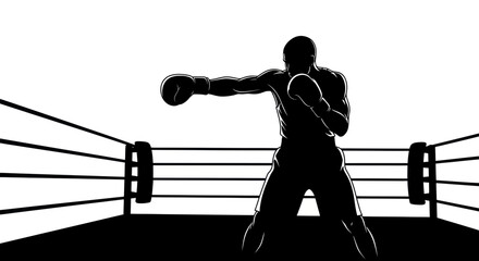 Boxing Silhouette: Fighter Punching in Ring Arena, Dynamic Action, Sport Concept © oka