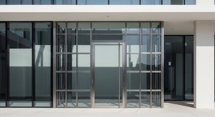 Fototapeta premium Modern Glass Entrance with Sliding Doors in Contemporary Building