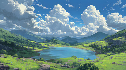 A serene landscape of a lake surrounded by lush green hills and mountains under a blue sky fluffy white clouds