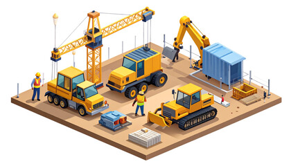 Construction site with heavy machinery and workers in an urban setting isolated on transparent background