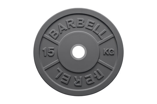 Dark gray 15kg weight plate for barbell fitness isolated on a transparent background