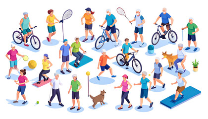 Fototapeta premium Diverse group of people engaging in various sports and outdoor activities together isolated on transparent background