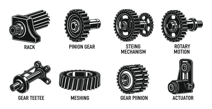 Rack, pinion gear, rotary motion, meshing, and actuator diagrams, engineering mechanical parts vector illustration