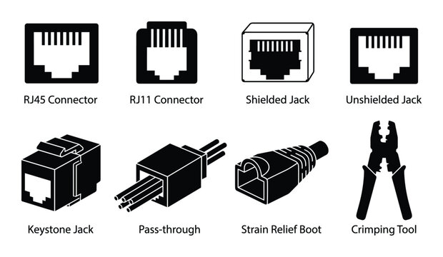 RJ45, RJ11 connectors, shielded and unshielded jacks, keystone jack, pass-through, strain relief boot and crimping tool