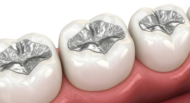 Close‑Up Dental Illustration of Molar Teeth with Amalgam Fillings