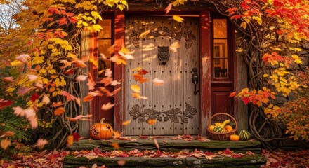 Fototapeta premium Cozy Autumnal Entrance with Pumpkins and Fallen Leaves Surrounding Old Wooden Door