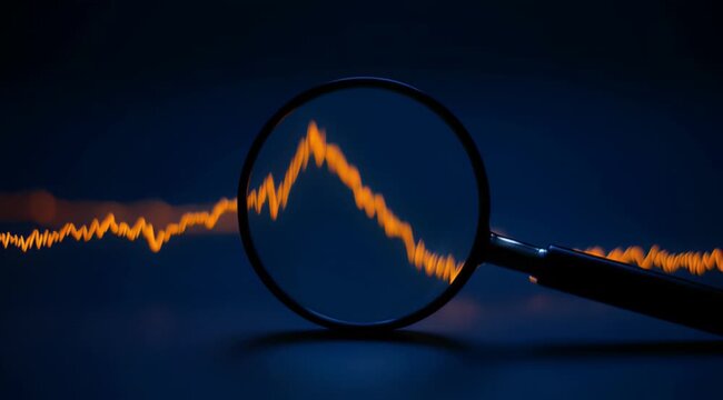 Magnifying glass closely examining glowing orange stock market graph data on dark background, concept for financial analysis, investment strategy and economic forecasting