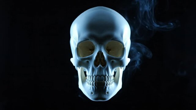 Front view of white human skull with glowing blue smoke or steam coming out from sides against black background representing mystery horror and spiritual concepts