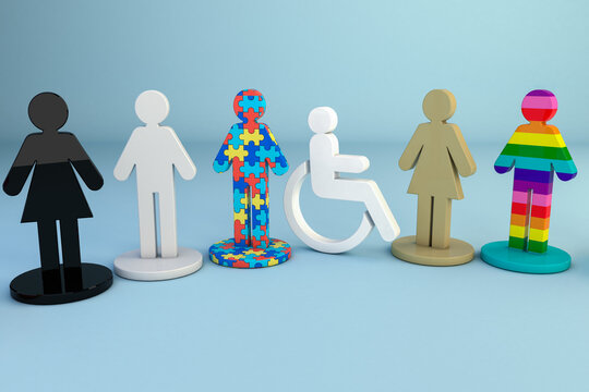 3D Illustration of diverse people icons with pride and disability symbols for inclusion