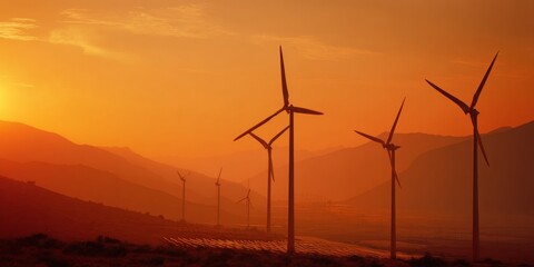 Fototapeta premium Renewable Energy Sources with Wind Turbines and Solar Panels Under Sunset Sky in Beautiful Landscape