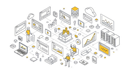Isometric illustration of business analytics and data management.