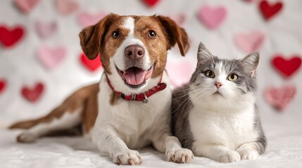 Happy dog and a curious cat resting together against a soft background decorated with.