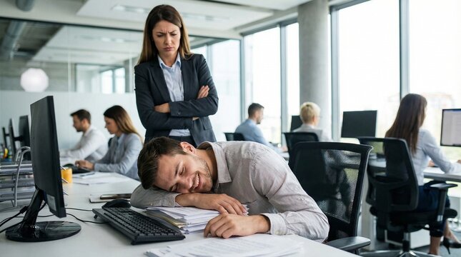 Employee Sleeping Happily at Desk While Angry Boss Stands Behind