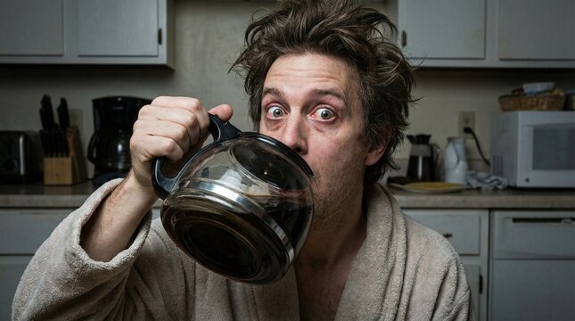 Exhausted Person with Crazy Eyes Drinking Coffee Directly from the Pot