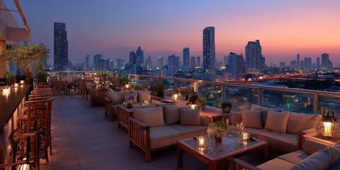 Rooftop cafe overlooking modern skyline at dusk, romantic and warm atmosphere.