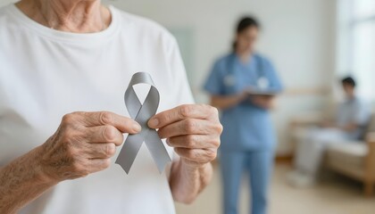 A woman proudly holds a gray ribbon, signifying brain cancer awareness and the importance of family support and empathy