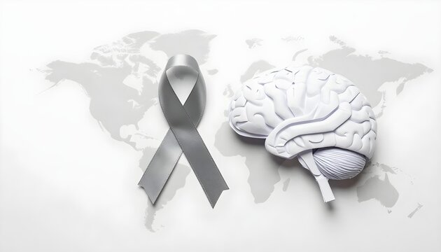 Image of a brain and grey ribbon on a world map, highlighting global awareness for brain tumors and caregiver support