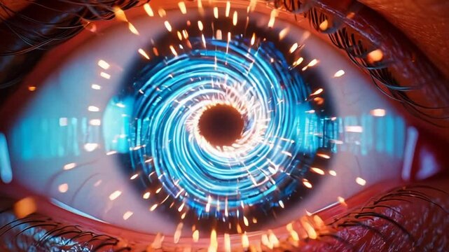 Extreme close up of a futuristic cybernetic eye with glowing digital code, circuitry, and light particles swirling around the pupil
